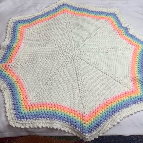 Vintage Baby Handmade Rainbow Afghan Hex Blanket 44 x 44